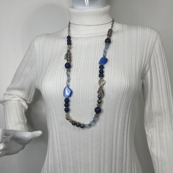 Chico's signed necklace long chunky chain link natural neutral blue tan boho - Picture 9 of 12